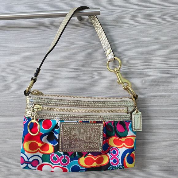 Coach Poppy Glam Op Art Colorful Wristlet Purse Clutch Metallic Gold - Picture 2 of 16